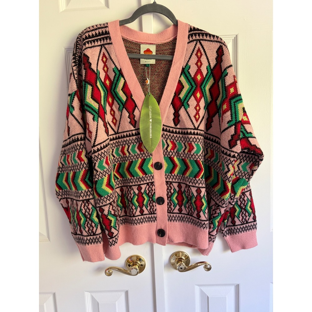Farm Rio NWT Amulet Cardigan L Pink Multi Geometric Knit Boho Maximalist Folk
